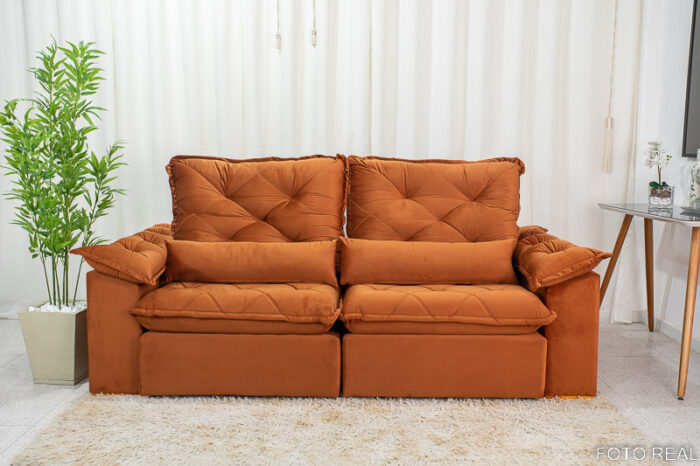 Sofá Retrátil Reclinável Suíça 2.30m Veludo Telha 5008 - D33 e Molas Ensacadas - Image 6