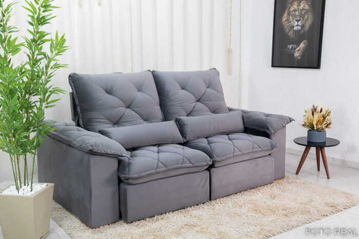 Sofá Retrátil Reclinável Suíça 2.30m Veludo Cinza 5001 - D33 e Molas Ensacadas - Image 3