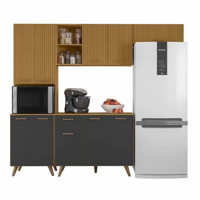 Armário Cozinha Olinda Ripado 3D 4 Peças Paneleiro + Aéreo 1.05m + Balcão e Aéreo de Geladeira Freijó/Grafite Poliman