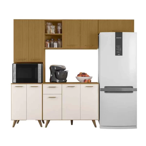 Kit Cozinha Núria Ripado 3D 9 Portas 1 Gaveta Larg. 1.80m Freijó/Off Poliman