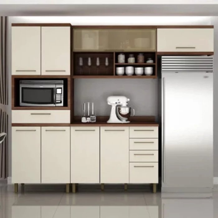 Cozinha Tarantela 4 Peças Paneleiro + Balcão 1.20 + Aéreo 1.20 + Armário geladeira Cinamomo/Off - Valdemoveis