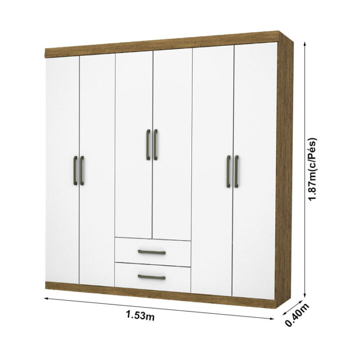 Roupeiro Áries Larg. 1.53m 6 Portas 2 Gavetas Cinamomo/Branco Carioca - Image 3