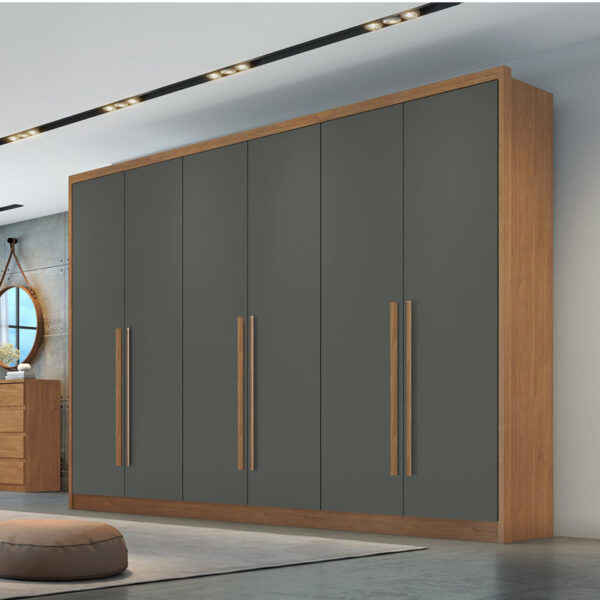 Roupeiro 6 Pts 8 Gav. Robust Plus 100% MDF Cumaru/Grafite Larg. 2.76m Novo Horizonte