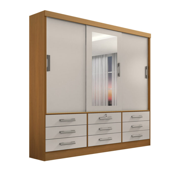 Roupeiro Meridian Plus 3 Portas 9 Gavetas Cinamomo/Off White Larg. 2.00m D'doro