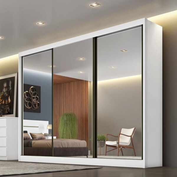 Roupeiro 3 Pts 8 Gav. Espelhadas Diamond Plus 100% MDF Branco Larg. 2.41m Novo Horizonte