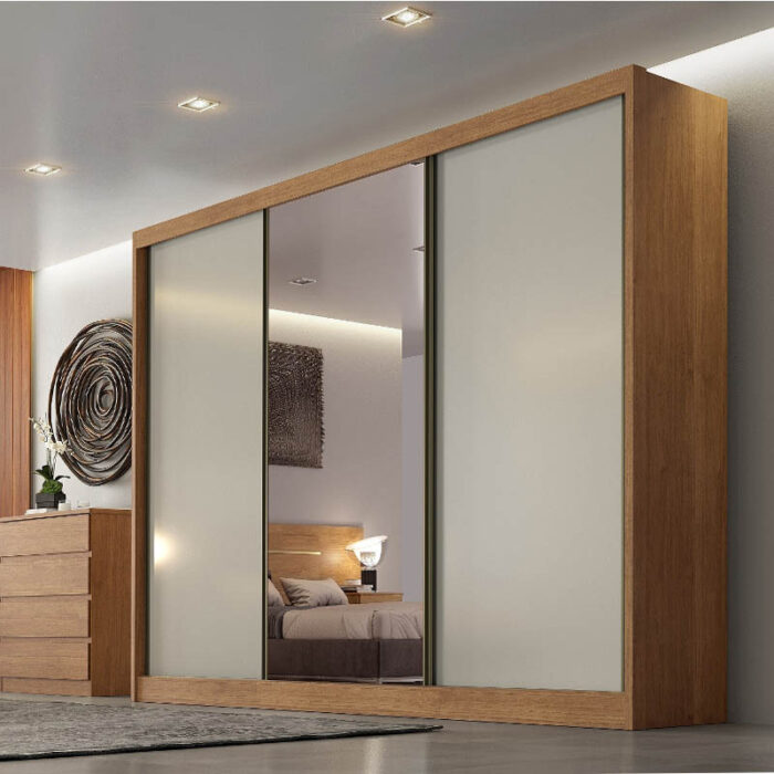 Roupeiro 3 Pts 8 Gav. Diamond Plus c/Espelho 100% MDF Cumaru/Fendi Larg. 2.41m Novo Horizonte
