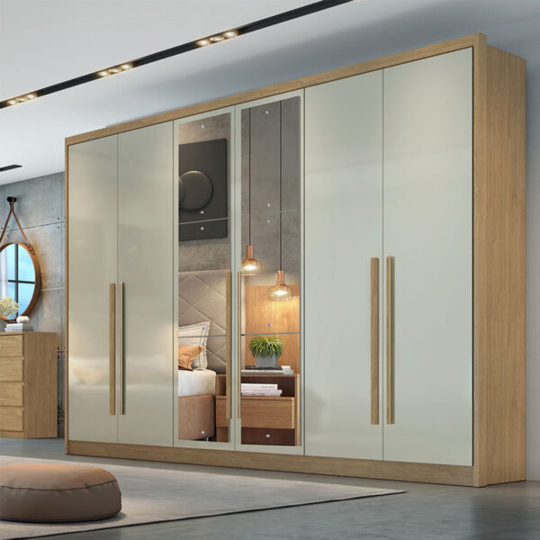 Roupeiro c/Espelho 6 Pts 8 Gav. Robust Plus 100% MDF Cumaru/Fendi Larg. 2.76m Novo Horizonte