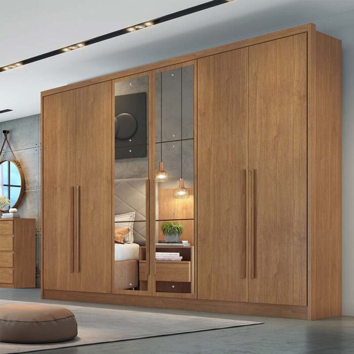 Roupeiro c/Espelho 6 Pts 8 Gav. Robust Plus 100% MDF Cumaru Larg. 2.76m Novo Horizonte