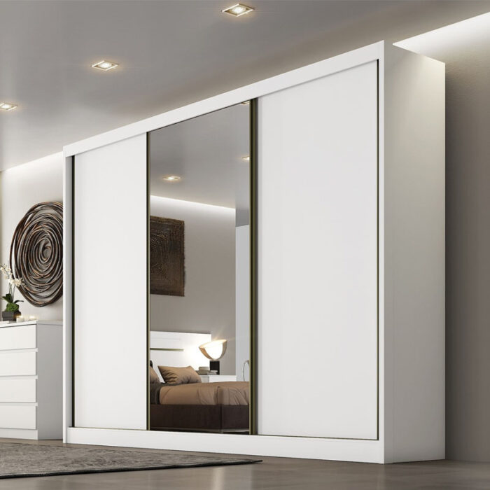 Roupeiro 3 Pts 8 Gav. Sollo Plus c/Espelho 100% MDF Branco Larg. 2.73m Novo Horizonte