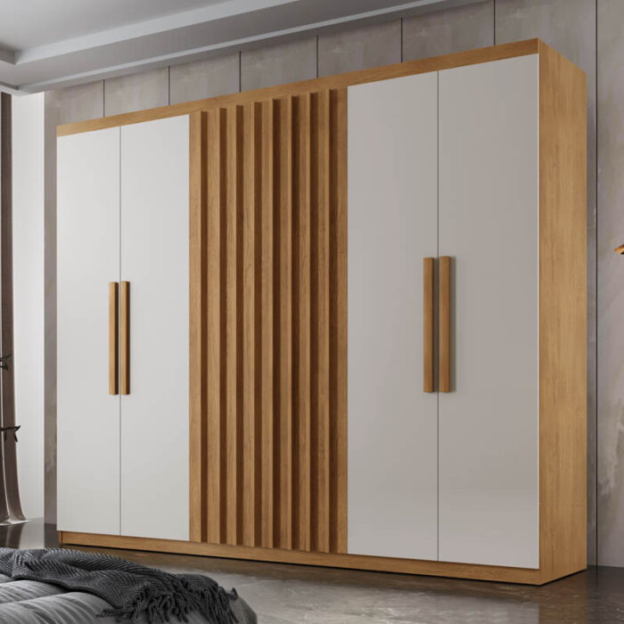 Roupeiro Cairo Ripado 6 Portas 100% MDF Larg. 1.80m Nature/Off Rufato