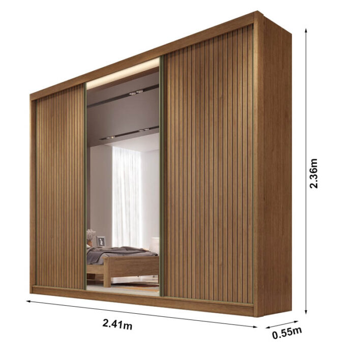 Roupeiro 3 Pts 8 Gav. Diamond Plus Ripado c/Espelho 100% MDF Cumaru Larg. 2.41m Novo Horizonte - Image 4