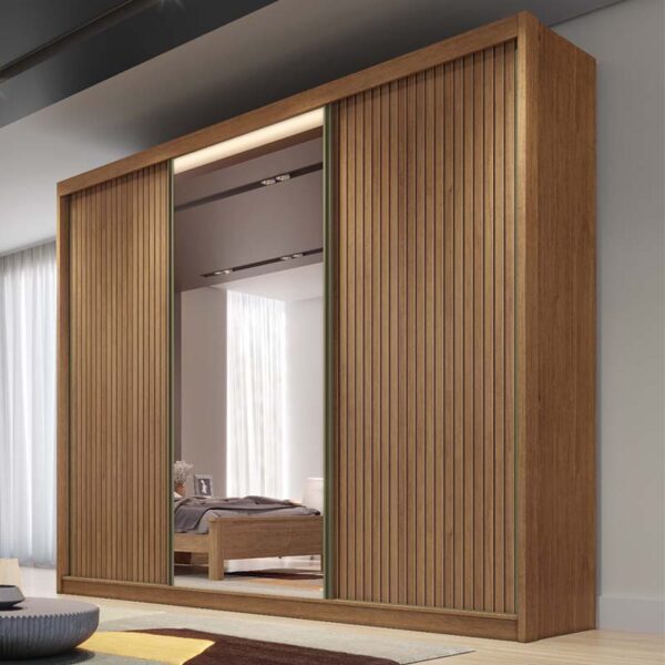 Roupeiro 3 Pts 8 Gav. Diamond Plus Ripado c/Espelho 100% MDF Cumaru Larg. 2.41m Novo Horizonte