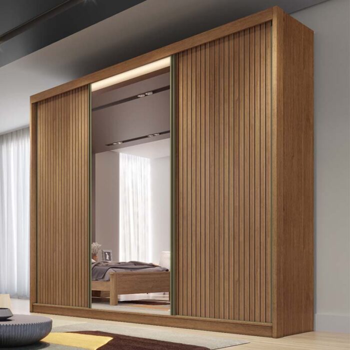 Roupeiro 3 Pts 8 Gav. Diamond Plus Ripado c/Espelho 100% MDF Cumaru Larg. 2.41m Novo Horizonte