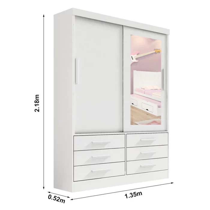 Roupeiro Merídian Plus 2 portas 6 Gavetas Branco Larg. 1.35m D'Doro