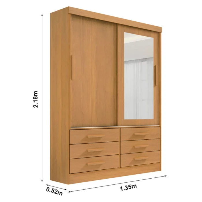 Roupeiro Merídian Plus 2 portas 6 Gavetas Cinamomo Larg. 1.35m D'Doro