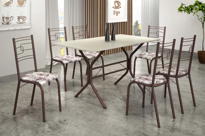 mesa cozinha Paraty 6 Cadeiras Base Cabo Frio Tampo Off 140×80 Marrom Teixeira