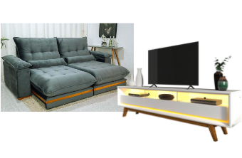 Rack até 75″ Requinte 212 Branco Diamante – GELIUS+Sofá Retrátil Reclinável Ibis 2.30m Veludo Cinza 814 – D33 e Molas Ensacadas