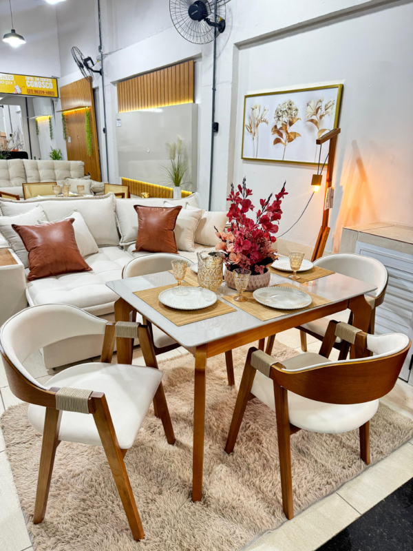 Mesas 4 Cadeiras  ficus 1,30m  Castanho/Off White com 4 Cadeiras Maya Castanho Laminado/Linho Areia – GARDIM MÓVEIS  (Trop-ok)