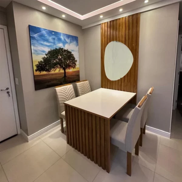 Mesa Jantar Cancun 120×90 C/Espelho 4 Cadeiras Linho Bege 178 Cel Móveis  (R-ok)