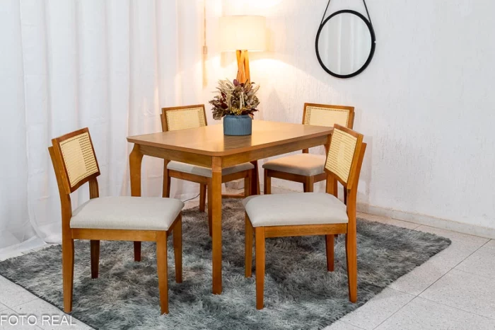 Mesa de Jantar Alegra Tampo Cinamomo 120×80 4 Cadeiras Jade Linho Bege 29011 JCM Madeira Maciça (R-ok)