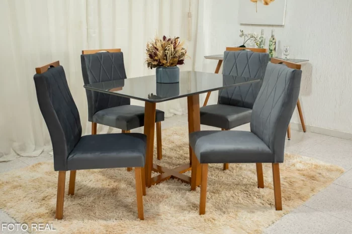 Mesa de Jantar Pedro Mel Tampo Vidro  120×80 4 Cadeiras Lisboa Veludo  Art Assento Madeira Maciça  (R-ok) - Image 3