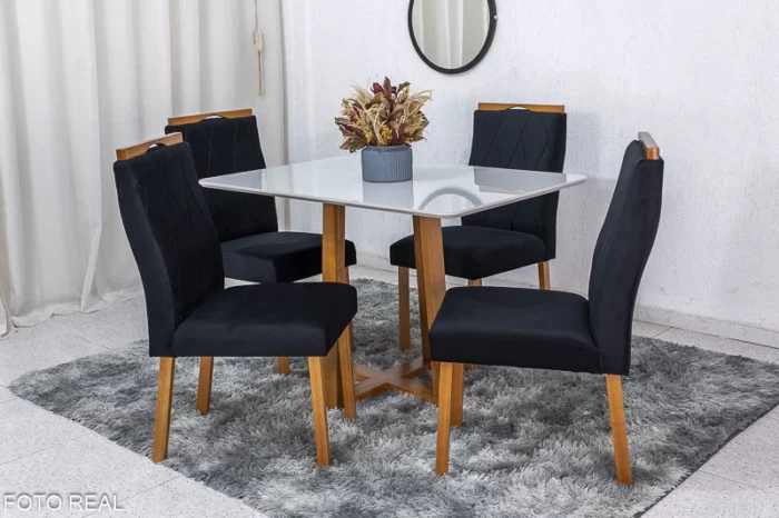 Mesa de Jantar Pedro Mel Tampo Vidro  120×80 4 Cadeiras Lisboa Veludo  Art Assento Madeira Maciça  (R-ok) - Image 4