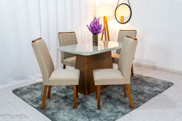 Mesa Jantar Luna Imbuia Tampo Vidro Off Canto Copo 120×80 4 Cadeiras Alegra Veludo  Madeira Maciça Rufato (R-ok) - Image 2