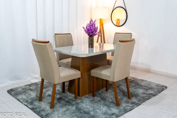 Mesa Jantar Luna Imbuia Tampo Vidro Off Canto Copo 120×80 4 Cadeiras Alegra Veludo  Madeira Maciça Rufato (R-ok) - Image 3