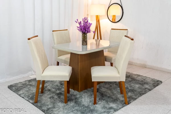 Mesa Jantar Luna Imbuia Tampo Vidro Off Canto Copo 120×80 4 Cadeiras Alegra Veludo  Madeira Maciça Rufato (R-ok)