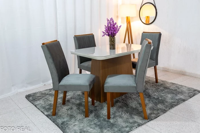Mesa Jantar Luna Imbuia Tampo Vidro Off Canto Copo 120×80 4 Cadeiras Alegra Veludo  Madeira Maciça Rufato (R-ok) - Image 6