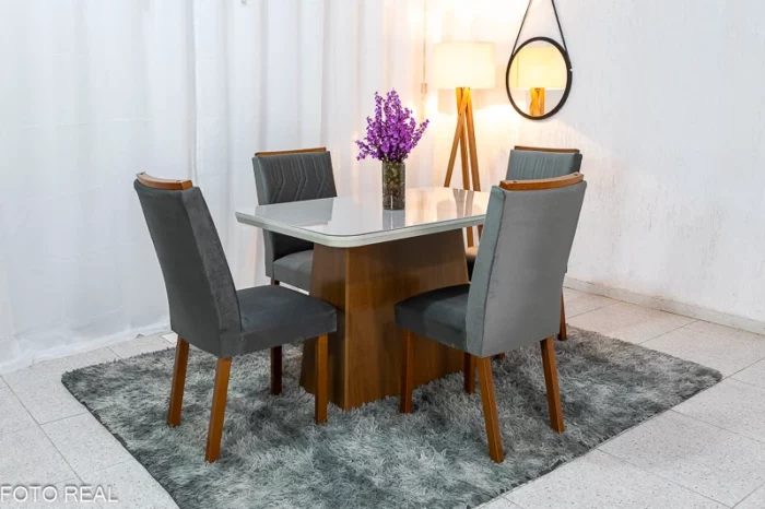Mesa Jantar Luna Imbuia Tampo Vidro Off Canto Copo 120×80 4 Cadeiras Alegra Veludo  Madeira Maciça Rufato (R-ok) - Image 7