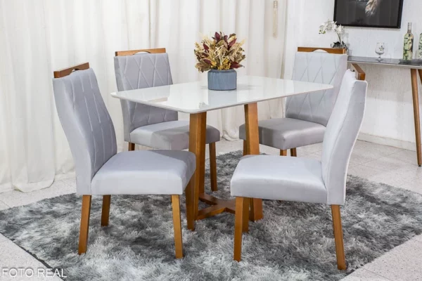 Mesa de Jantar Pedro Mel Tampo Vidro  120×80 4 Cadeiras Lisboa Veludo  Art Assento Madeira Maciça  (R-ok)