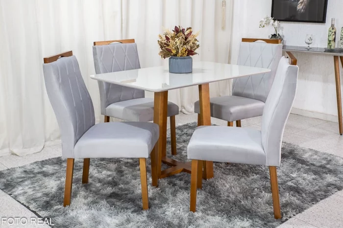 Mesa de Jantar Pedro Mel Tampo Vidro  120×80 4 Cadeiras Lisboa Veludo  Art Assento Madeira Maciça  (R-ok)