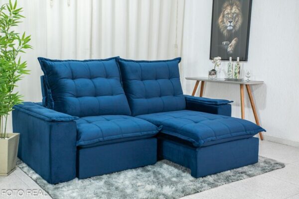Sofá Retrátil Reclinável Atenas 2.30m Veludo Azul 800 - D33 e Molas Ensacadas