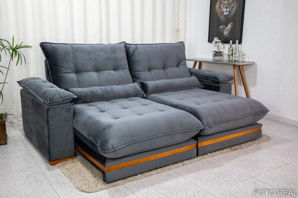 Sofá Retrátil Reclinável Ibis 2.30m Veludo Cinza 814 – D33 e Molas Ensacadas