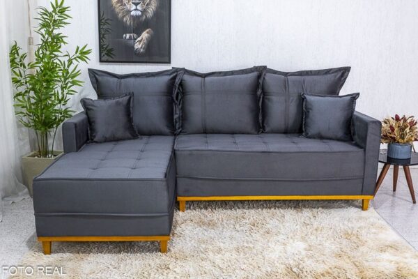 Sofá 3 Lug. Com Chaise Milão Larg. 2.30m Veludo Cinza 814 - Molas Ensacadas
