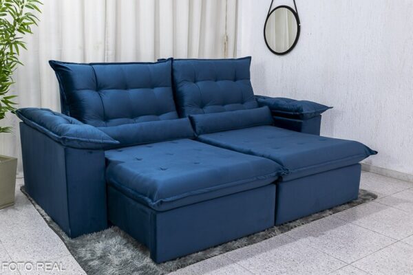 Sofá Retrátil Reclinável 2.30m Emanuelly Veludo Azul - D28 Soft