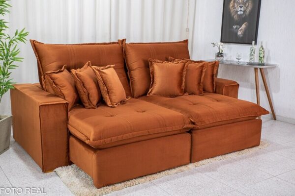 Sofá Retrátil Reclinável Ferrara 2.50m Veludo Terracota D33 e Molas Ensacadas