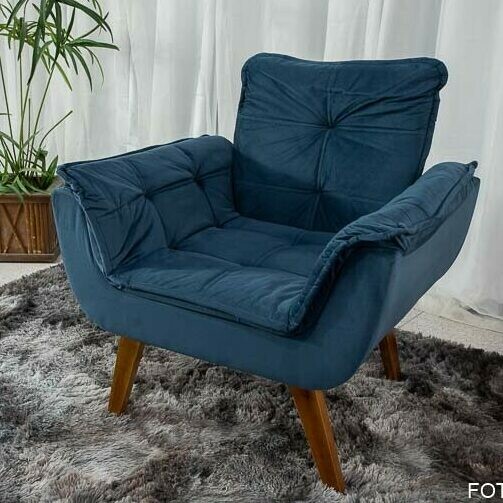 Poltrona Pérola Base Fixa Veludo Azul