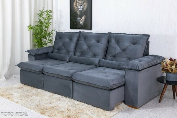 Sofá Retrátil Reclinável 2.70m Roma Veludo Cinza 20 - D28 Soft