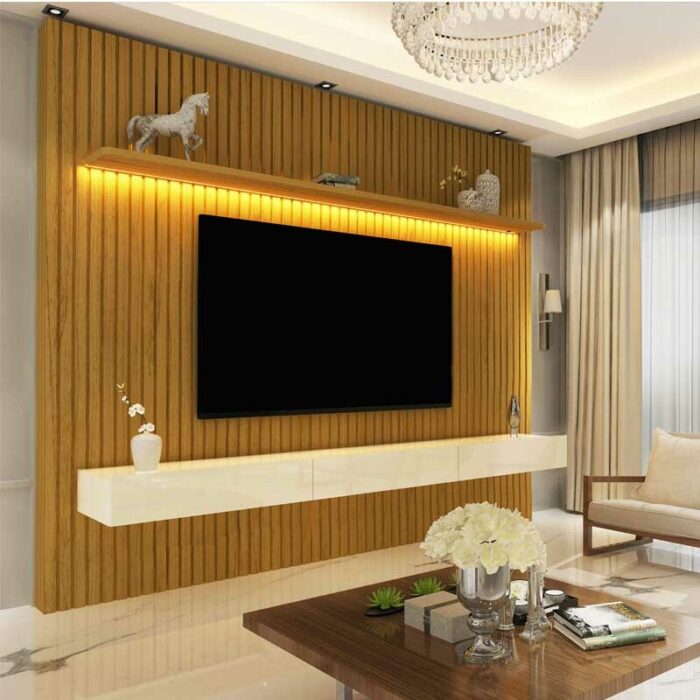 Painel Nobre Ripado 100% MDF C/Nicho e LED Larg. 2.30m TV até 85″ Naturale/Off Gelius (P-Total-ok)