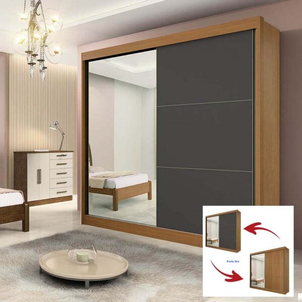 Roupeiro 2 Portas Titanium c/1Espelho 100% MDF Cinamomo/Grafite Larg. 2.20m DDoro