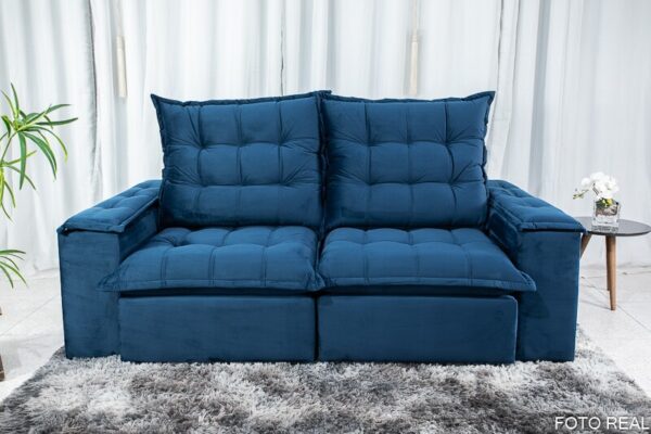 Sofá Retrátil Reclinável Atenas 2.10m Veludo Azul 800 - D33 e Molas Ensacadas
