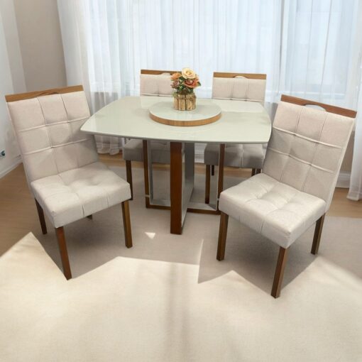 Mesa Atlas Mel/Off White Canto Barril 120×90 com 4 Cadeiras Sophia Mel/Linho Bege 200 – ART ASSENTOS + WM DECOR(total)