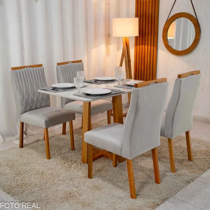 Mesa Pedro Mel Vidro OFF 120×80 4 Cadeiras Genova Veludo Prata 514 Madeira Maciça Art Assento - Entregue Montada(rufer) - Imagem 2