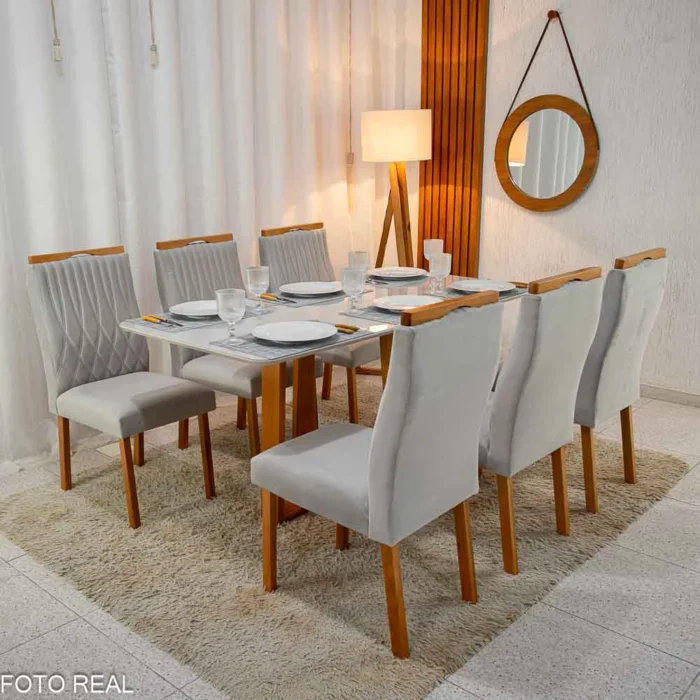 Mesa Pedro Mel Vidro OFF 160×80 6 Cadeiras Genova Veludo Prata 514 Madeira Maciça Art Assento - Entregue Montada(rufer) - Imagem 2