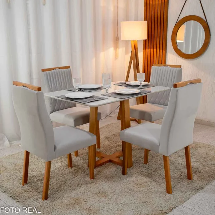 Mesa Pedro Mel Vidro OFF 120×80 4 Cadeiras Genova Veludo Prata 514 Madeira Maciça Art Assento - Entregue Montada(rufer) - Imagem 3