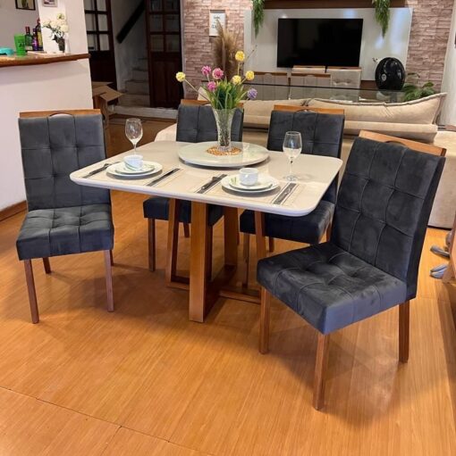 Mesa Pedro 90 Mel/Off White com 4 Cadeiras Sophia/Capri Mel/Veludo Grafite – ART ASSENTOS + WM DECOR(total)