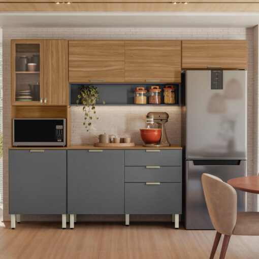 Cozinha Completa com Balcão Alba Amêndola/Grafito Prime TX – DEMÓBILE-total