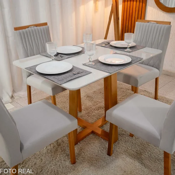 Mesa Pedro Mel Vidro OFF 120×80 4 Cadeiras Genova Veludo Prata 514 Madeira Maciça Art Assento - Entregue Montada(rufer)